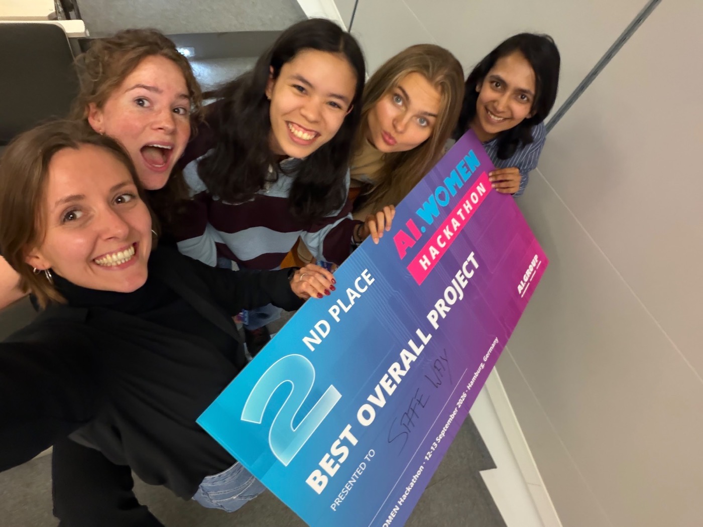 The SafeWay team holding the 2nd place Best Overall Project award at the AI.WOMEN Hackathon